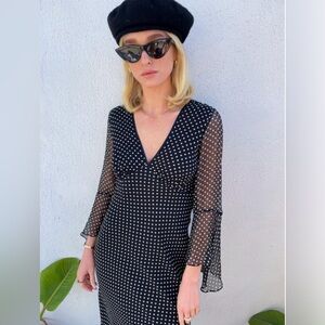 ‼️RARE‼️🎸Selected by Madly Vintage🎸90s Polka Dot Bell Sleeve Silk Midi Dress-S/M
